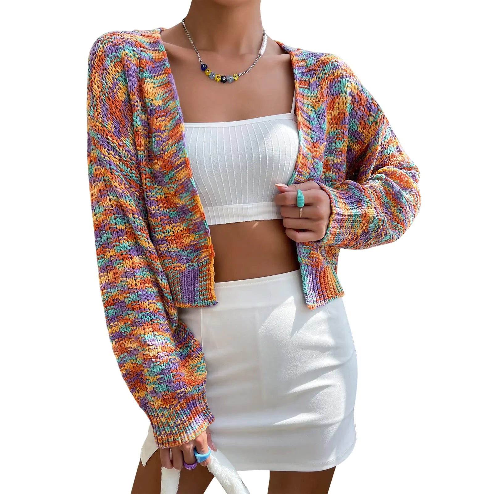 ZAFUL Womens Space Tie Dye Crop Cardigan Long Sleeve Drop Shoulder Colorblock Knitwear Sweaters