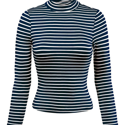 MixMatchy Camisetas de cuello alto casual de manga larga a rayas para mujer, suéteres cortos, moda de otoño e invierno, azul marino L