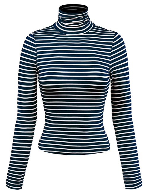 Load image into Gallery viewer, MixMatchy Womens Casual Turtleneck Long Sleeve Striped Crop Shirts Sweaters Fall Winter Fashion Navy L
