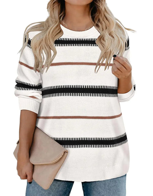 Load image into Gallery viewer, RITERA Plus Size Sweaters for Women Loose Knitted Sweaters Solid Color Striped Black White Sweatshirts Crewneck Pullover Sweaters Fall Winter Jumper Tops XL 14W 16W
