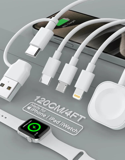 Cargar imagen en el visor de la galería, Cable cargador 4 en 2 para iWatch y teléfono, cable de carga múltiple para Apple Watch/iPhone/Airpods, cargador de Apple Watch compatible con series 8-1 – cargador de iWatch para viaje con puerto USB C/Lightning/Micro (1,2 m)
