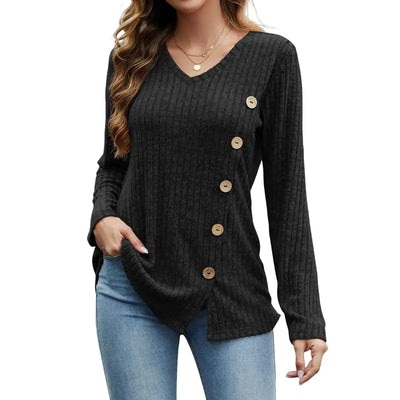 Womens Sweaters Trendy Long Sleeve T-Shirts Loose Diagonal Buckle Blouse Fit Tunic Tops Black