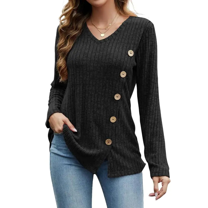 Womens Sweaters Trendy Long Sleeve T-Shirts Loose Diagonal Buckle Blouse Fit Tunic Tops Black