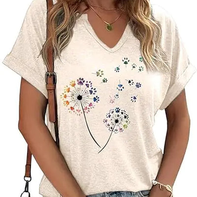 T-shirts floraux pour femmes col en V pissenlit tournesol motif décontracté hauts bohèmes chemises fleurs sauvages mignonnes (TRD02OWLarge)