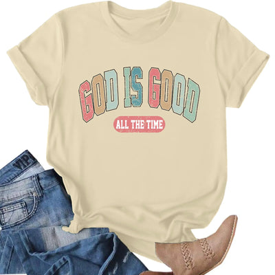 Ithalt Camisetas Cristianas para Mujer: Camisetas de Manga Corta con Estampado de Letras de Fe con Mensaje "God is Good All The Time" (Beige2 Grande)