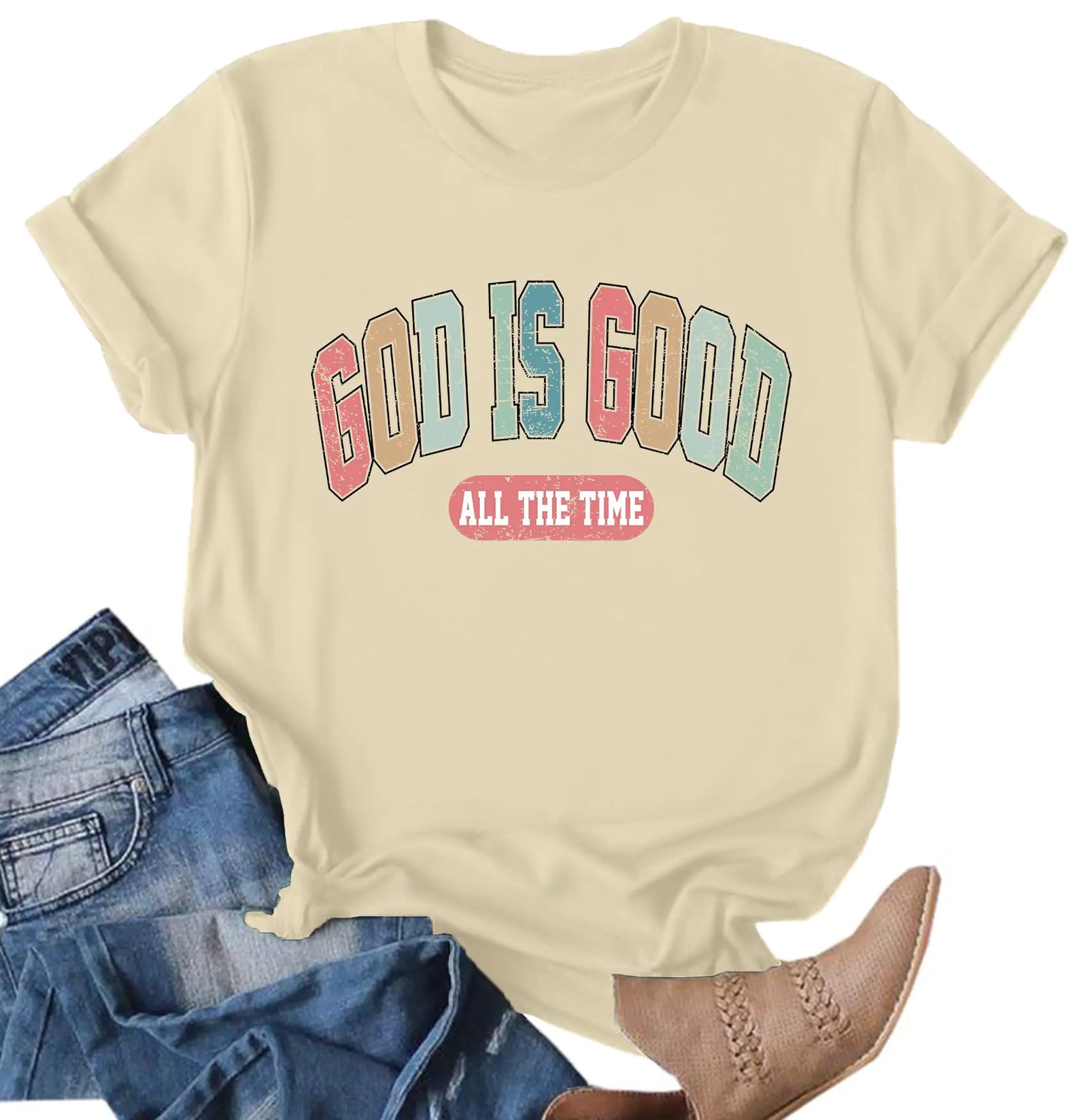 Ithalt Camisetas Cristianas para Mujer: Camisetas de Manga Corta con Estampado de Letras de Fe con Mensaje "God is Good All The Time" (Beige2 Grande)