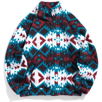 ZAFUL Mens Sweatshirt Mens Pullover Sweaters with Pocket Fleece Unisex Western Aztec Faux Fur Sherpa Top (XL Blue)