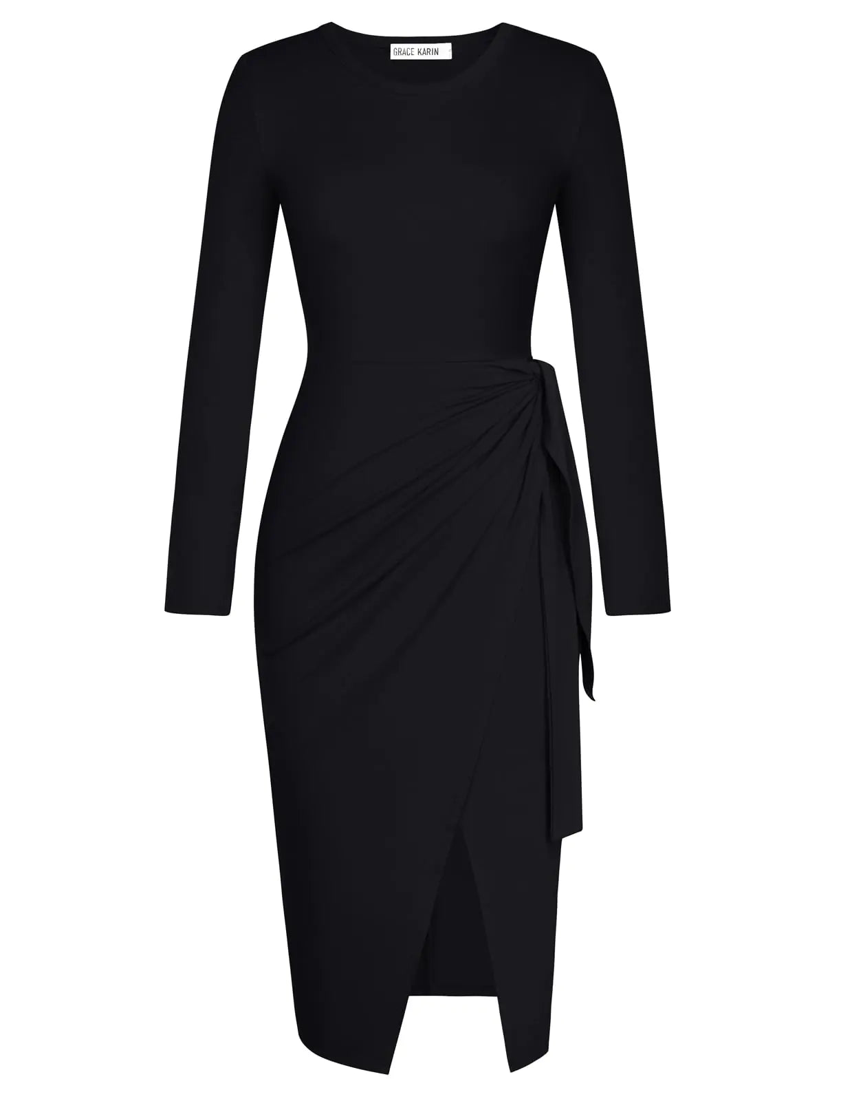 Tie Waist Dress Women Long Sleeve Wrap Casual Work Dresses Fall Bodycon Split Midi Dresses Black M