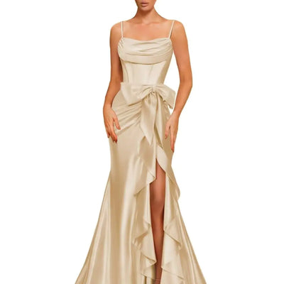 Dessiny Spaghetti Straps Prom Dresses 2025 Side Bow Champagne Long Mermaid Satin Prom Dresses Corset Pleated Ball Gown Bridesmaid Dress for Women US6