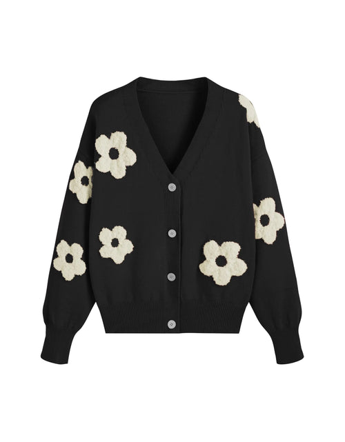 Load image into Gallery viewer, CIDER Women’s Plus Size Floral Cardigan Sweatshirt Flower Sweaters Button Down Long Sleeve Tops: Black 2XL
