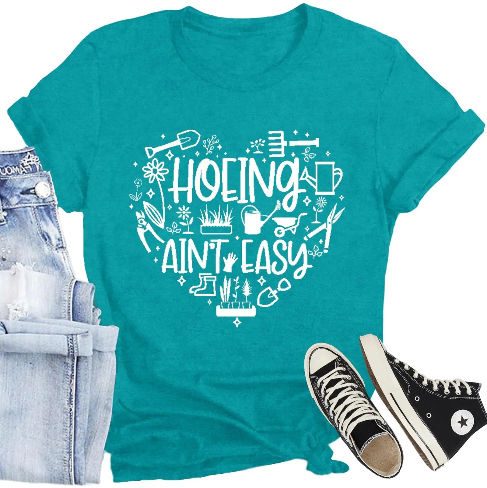 CQF Plant Shirts for Women Plant Lover Gifts T-Shirt Hoeing Aint Easy Printed Tee Tops Garden Shirts