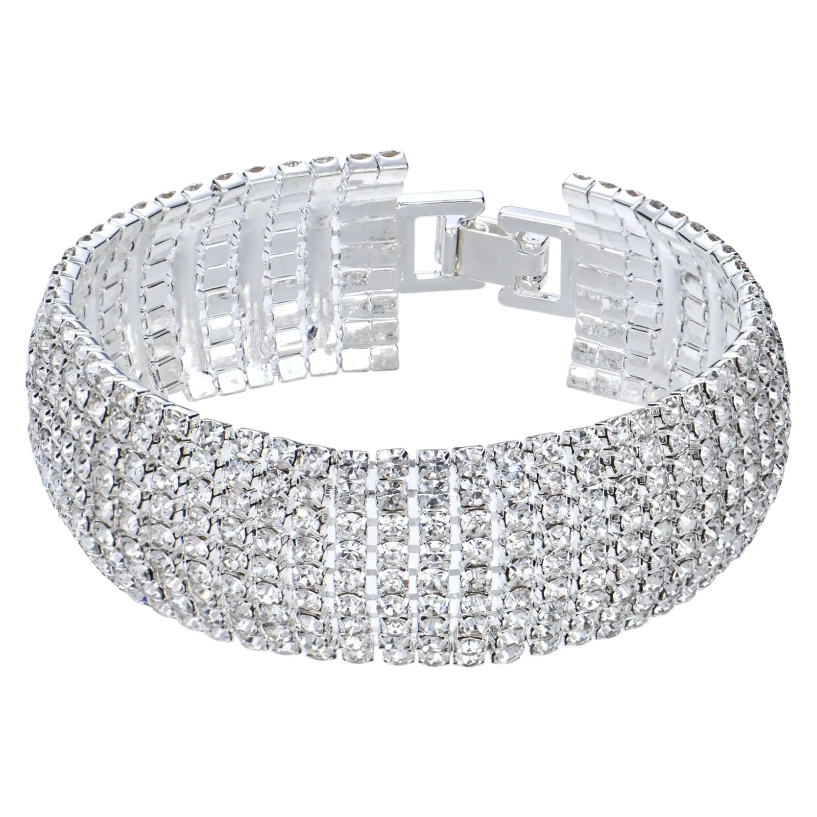 Pulsera de cadena multicapa ancha de cristal con diamantes de imitación bañados en plata brillante Ecesha para mujer, para bodas, bailes de graduación, bisutería (9 capas, 7 pulgadas)