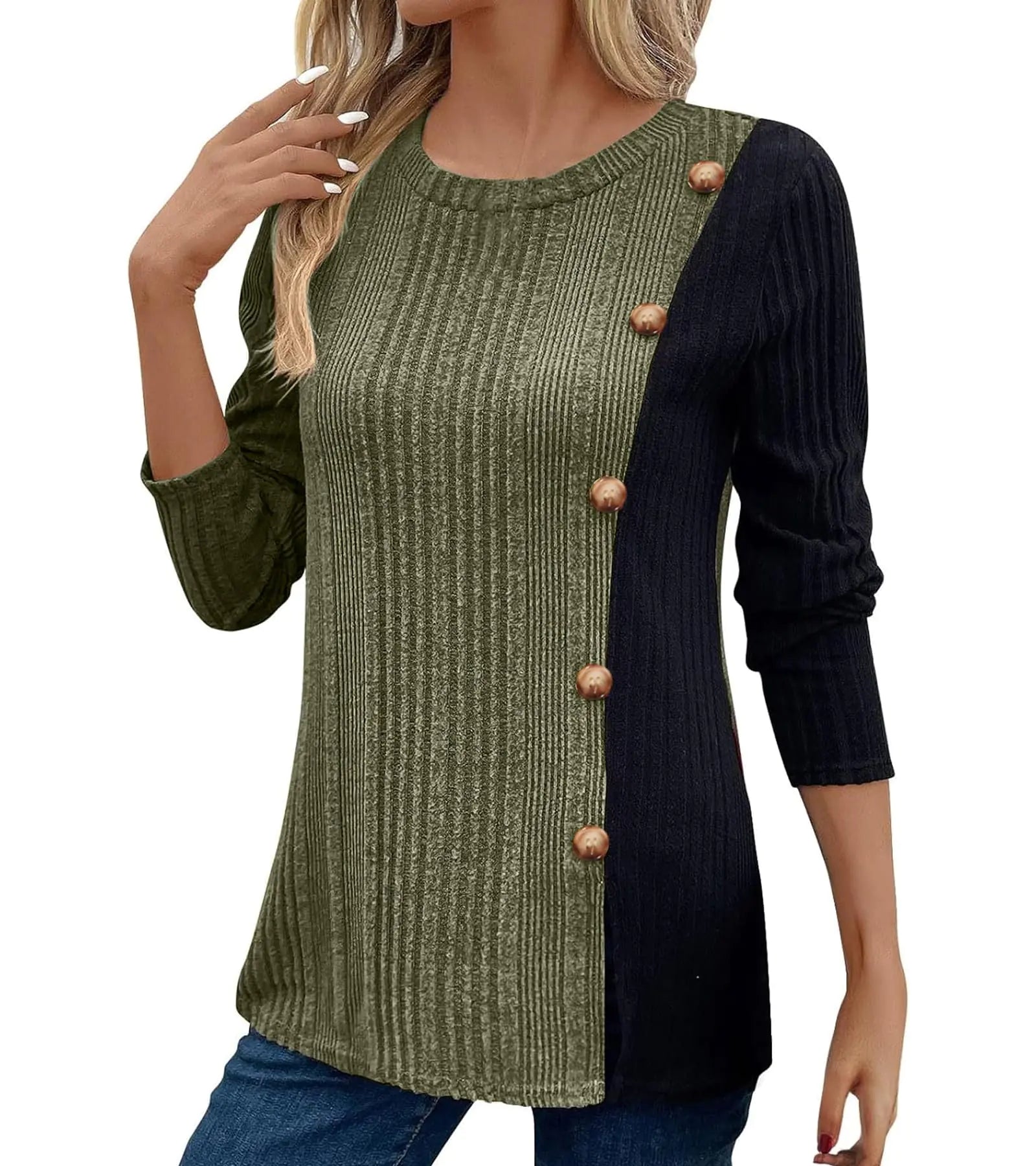 koufland Suéteres Ligeros de Punto para Mujer Manga Larga Cuello Redondo Túnicas Suéteres Botones Abertura Delantera Otoño (1-Verde MilitarMediano)