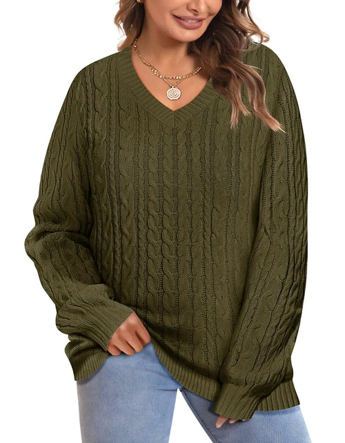 Charger l'image dans la visionneuse de galerie, CARCOS Pulls Femme à Manches Longues Grande Taille en Tricot Torsadé 5X Vert Col V Pulls Tricotés 2024 Style Preppy Chandails Légers Décontractés Automne Hiver Doux et Confortables Taille 5XL 26W 28W
