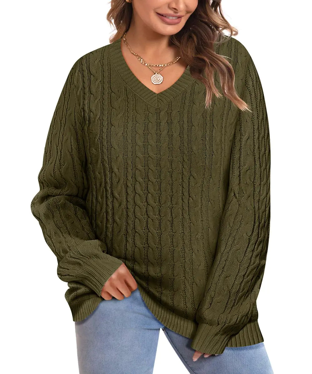 CARCOS Pulls Femme à Manches Longues Grande Taille en Tricot Torsadé 5X Vert Col V Pulls Tricotés 2024 Style Preppy Chandails Légers Décontractés Automne Hiver Doux et Confortables Taille 5XL 26W 28W