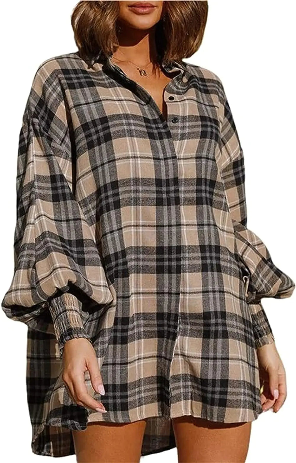 Plaid Dresses for Women - Button Down Flannel Shirt Dress (B1XL)