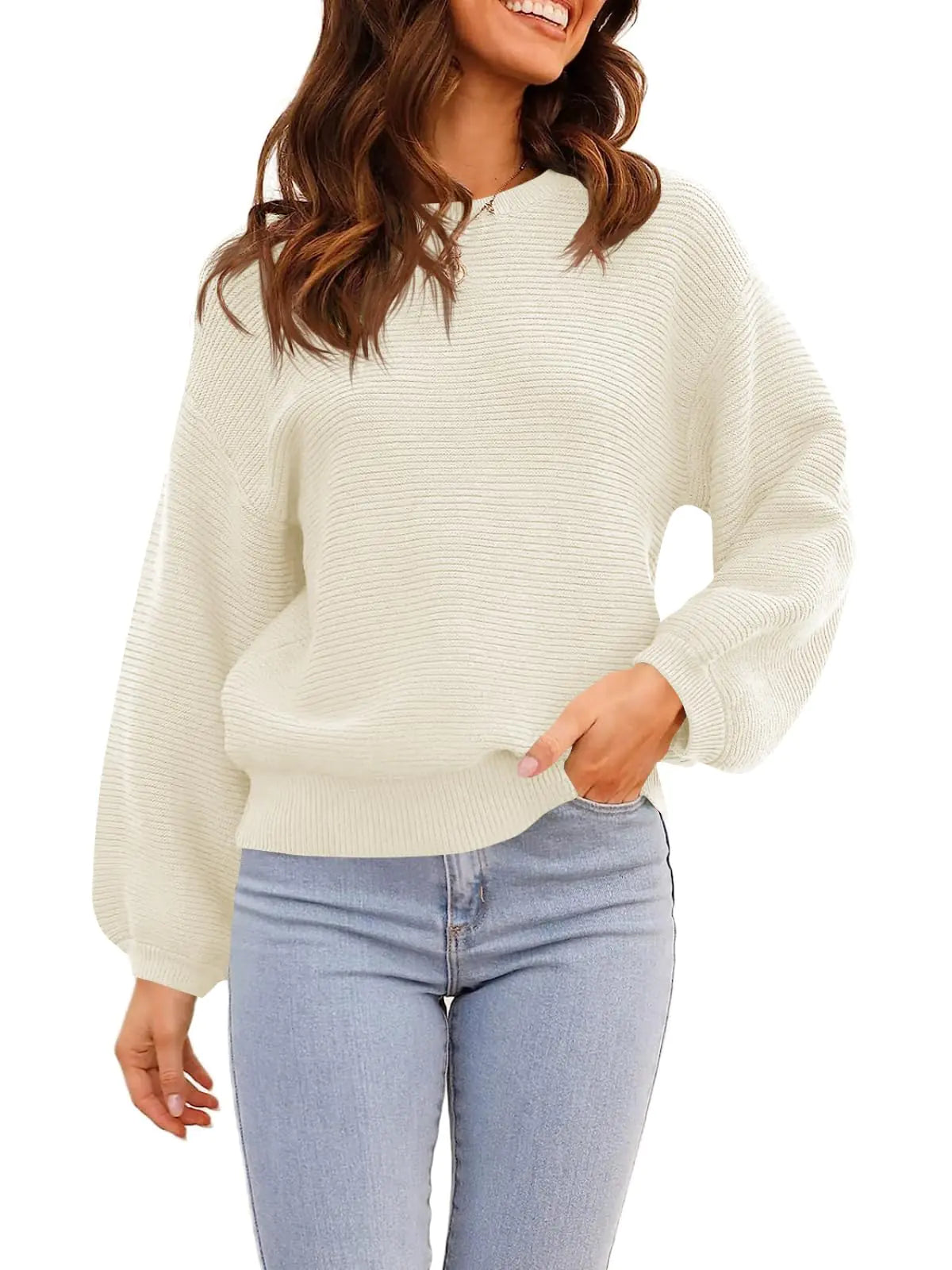 ARTFREE Suéter de punto acanalado de cuello redondo para mujer, manga farol, informal, holgado, para otoño e invierno, jerséis, tops, blanco