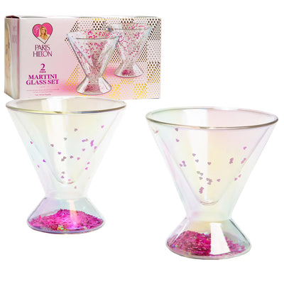 Paris Hilton 2-Piece Martini Glass Set Double Wall Glass Design Great for Martinis Cocktails Cosmopolitans Margaritas 207mL 7-Ounce Iridescent with Glitter Hearts