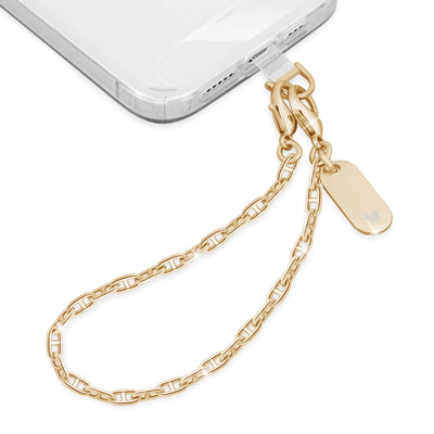 Cadena de teléfono UKON, correa de muñeca para teléfono, cordón de metal para teléfono, correa de teléfono a la moda, dijes de teléfono ligeros con 2 pestañas de sujeción de TPU para mujeres de compras, viajes, fiestas (dorado)
