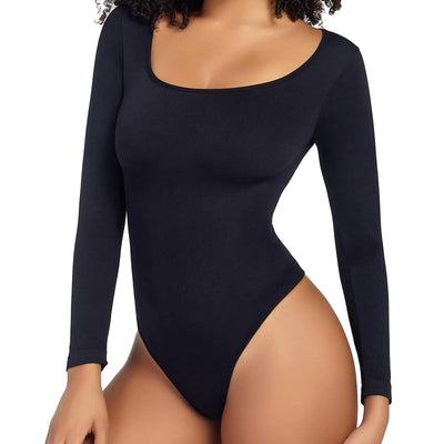 GleeLucky Womens Shapewear Bodysuits Long Sleeve Ribbed Ladies Shapewear Bodysuit Thong Sexy One Piece Black