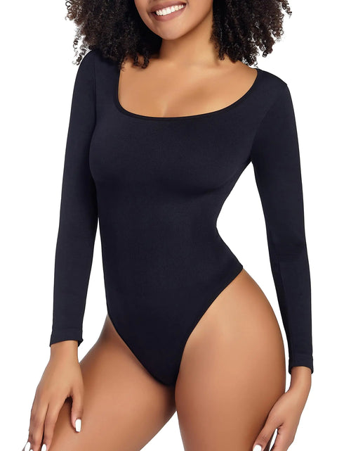 Load image into Gallery viewer, GleeLucky Womens Shapewear Bodysuits Long Sleeve Ribbed Ladies Shapewear Bodysuit Thong Sexy One Piece Black
