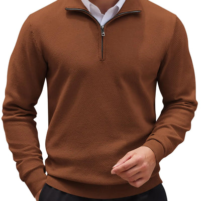 COOFANDY Mens Quarter Zip Up Sweaters Slim Fit Casual Long Sleeve Knitted Mock Neck Pullover Sweaters Brown