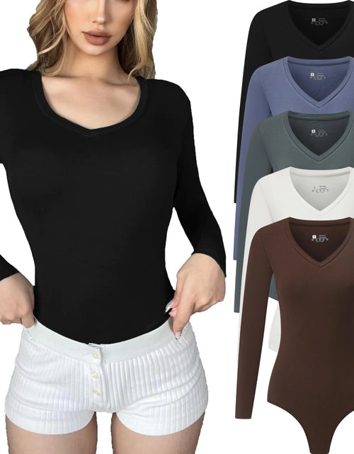 Load image into Gallery viewer, FMNNNN 5 Pack Long Sleeve Bodysuit for Women V Neck Ribbed Cotton T Shirt Fall Winter Tight Soft Ladies Slim fit Tops Fitted Tunic Shapewear Thong Workout Apparel Casual Stretchy Basic Activewear
