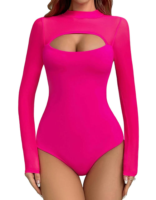 Load image into Gallery viewer, Aranmei Women’s Sexy Mock Turtle Neck Long Sleeve Shirts Sheer Mesh Cutout Trendy Going Out Bodysuits Tops(Hot Pink Small)
