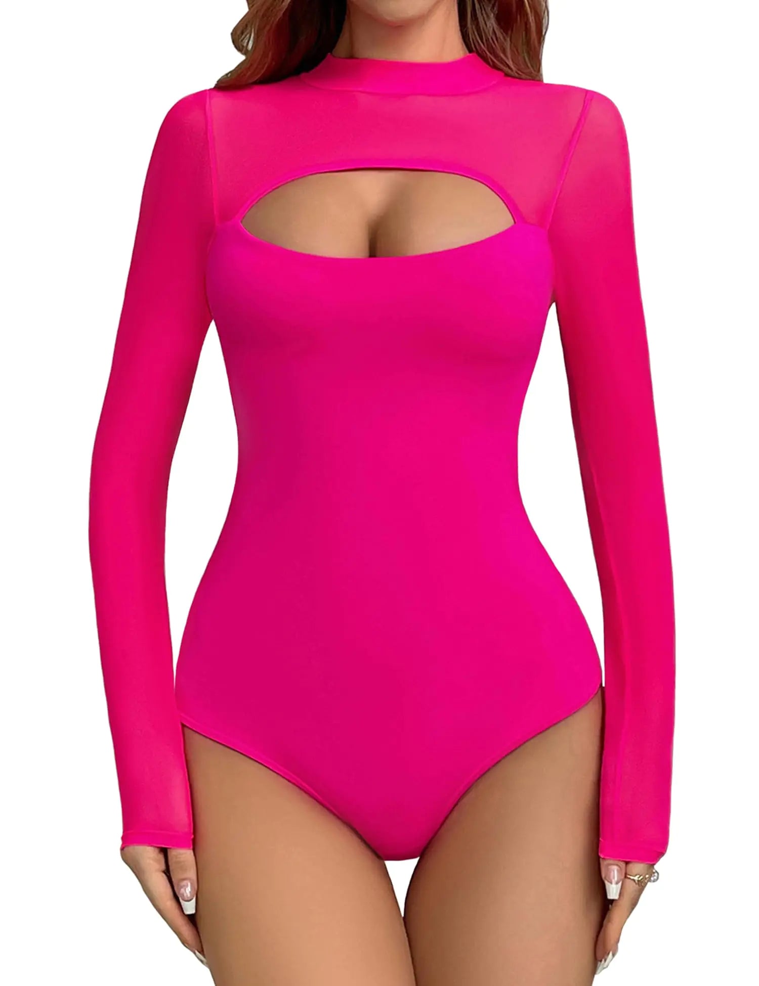 Aranmei Women’s Sexy Mock Turtle Neck Long Sleeve Shirts Sheer Mesh Cutout Trendy Going Out Bodysuits Tops(Hot Pink Small)