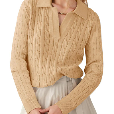 APRROOT Suéteres Ligeros para Mujer de Manga Larga de Punto Trenzado con Cuello Suéteres de Moda Otoño 2024 Cuello V Pulóver Suéter de Halloween Polos Caqui M