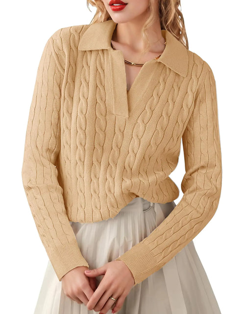 Cargar imagen en el visor de la galería, APRROOT Suéteres Ligeros para Mujer de Manga Larga de Punto Trenzado con Cuello Suéteres de Moda Otoño 2024 Cuello V Pulóver Suéter de Halloween Polos Caqui M
