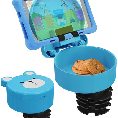 SEVEN SPARTA Kid Car Seat Tray with Bear Lid Adjustable Tablet Phone Holder for Family Travel Car Seat Organizer Accessories Cup Holder Snack Tray Roadtrip Essentials (Blue)
