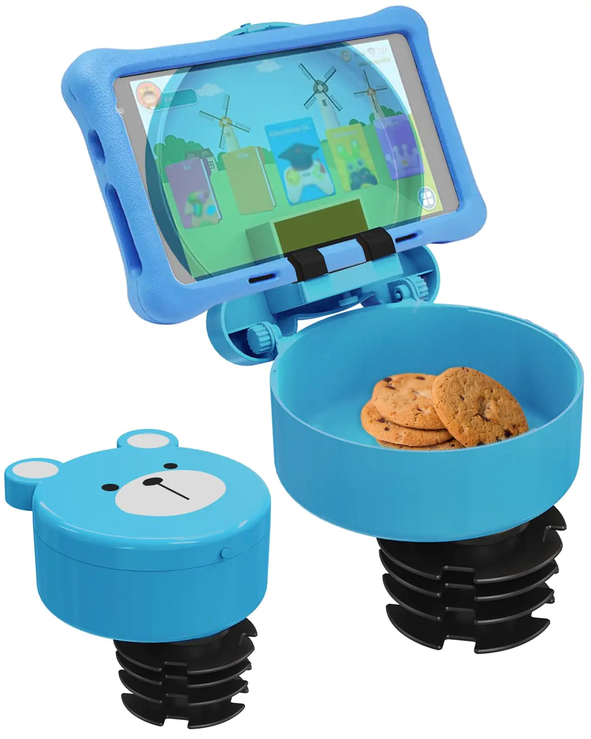 SEVEN SPARTA Kid Car Seat Tray with Bear Lid Adjustable Tablet Phone Holder for Family Travel Car Seat Organizer Accessories Cup Holder Snack Tray Roadtrip Essentials (Blue)