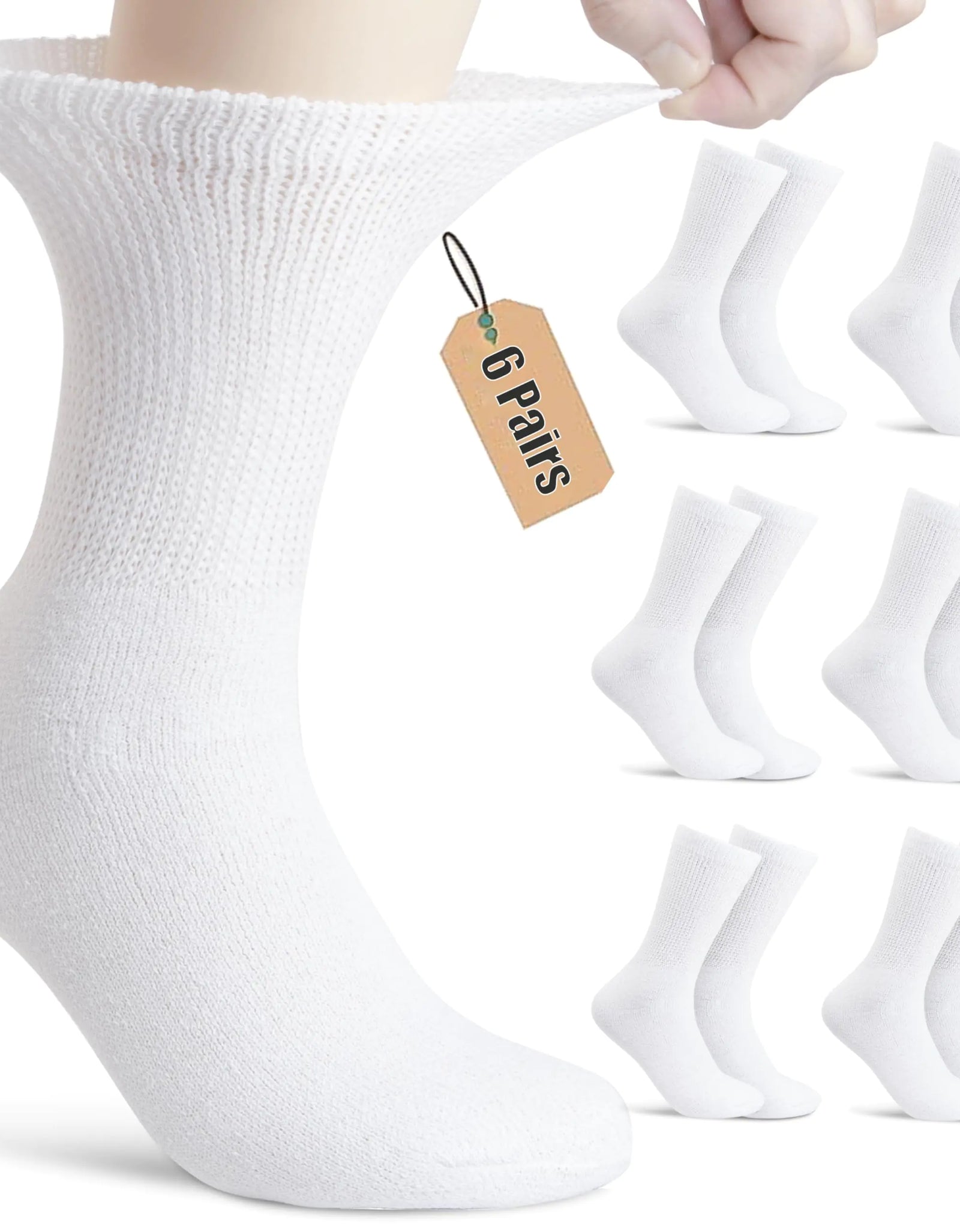 NevEND 6 Pairs Womens & Mens Diabetic Cotton Crew Socks Health Circulatory Physicians Approved Non Binding XL White