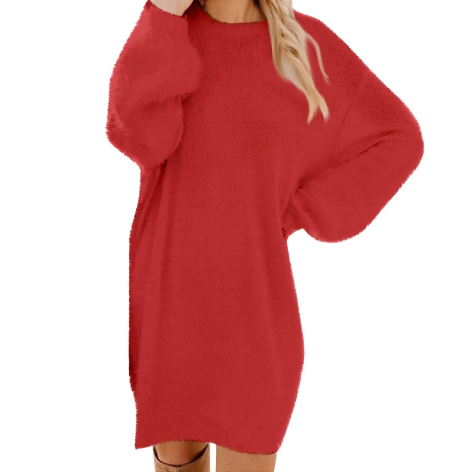 Vestido de punto para mujer, largo hasta la rodilla, manga farol, vestido túnica, cuello redondo grande, jerséis largos, vestidos casuales de otoño, jerséis grandes, atuendos de otoño, vestido de punto de talla grande (B-Rojo 3XL)