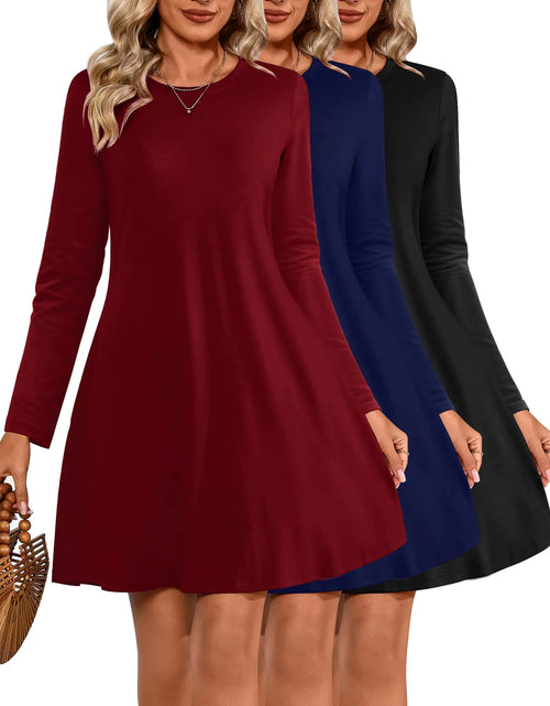 Load image into Gallery viewer, Huukeay 3 Pack Womens T-Shirt Dresses Long Sleeve Crew Neck Tunic Dresses Casual Loose Dress Knee Length Basic Swing Dress(MediumBlack Navy Blue Wine Red)
