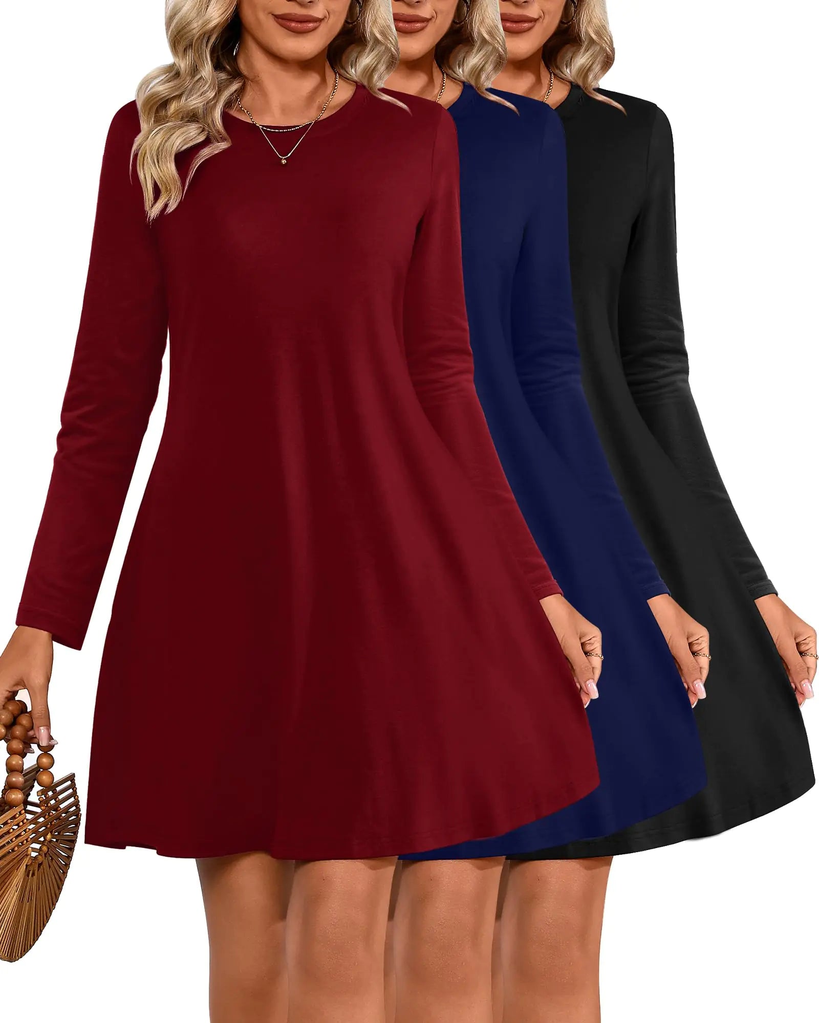 Huukeay 3 Pack Womens T-Shirt Dresses Long Sleeve Crew Neck Tunic Dresses Casual Loose Dress Knee Length Basic Swing Dress(MediumBlack Navy Blue Wine Red)