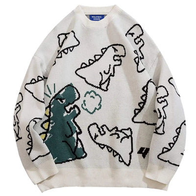 Aelfric Eden Suéter de punto con patrón de dinosaurio de dibujos animados, suéter gráfico extragrande, suéter informal unisex de manga larga, color blanco