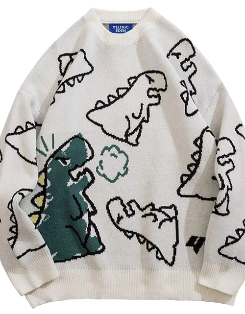 Cargar imagen en el visor de la galería, Aelfric Eden Suéter de punto con patrón de dinosaurio de dibujos animados, suéter gráfico extragrande, suéter informal unisex de manga larga, color blanco
