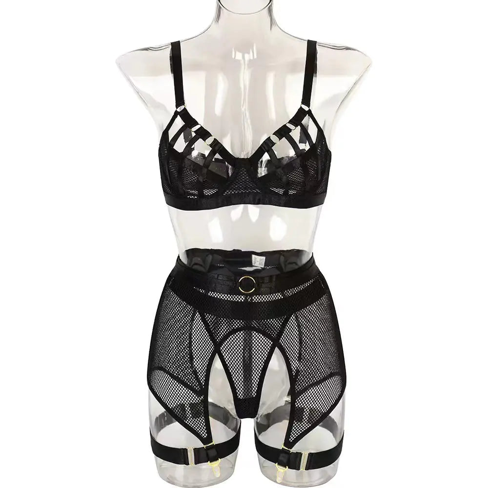 Fashionable Hollow Lace Lingerie Set with Metal Accents