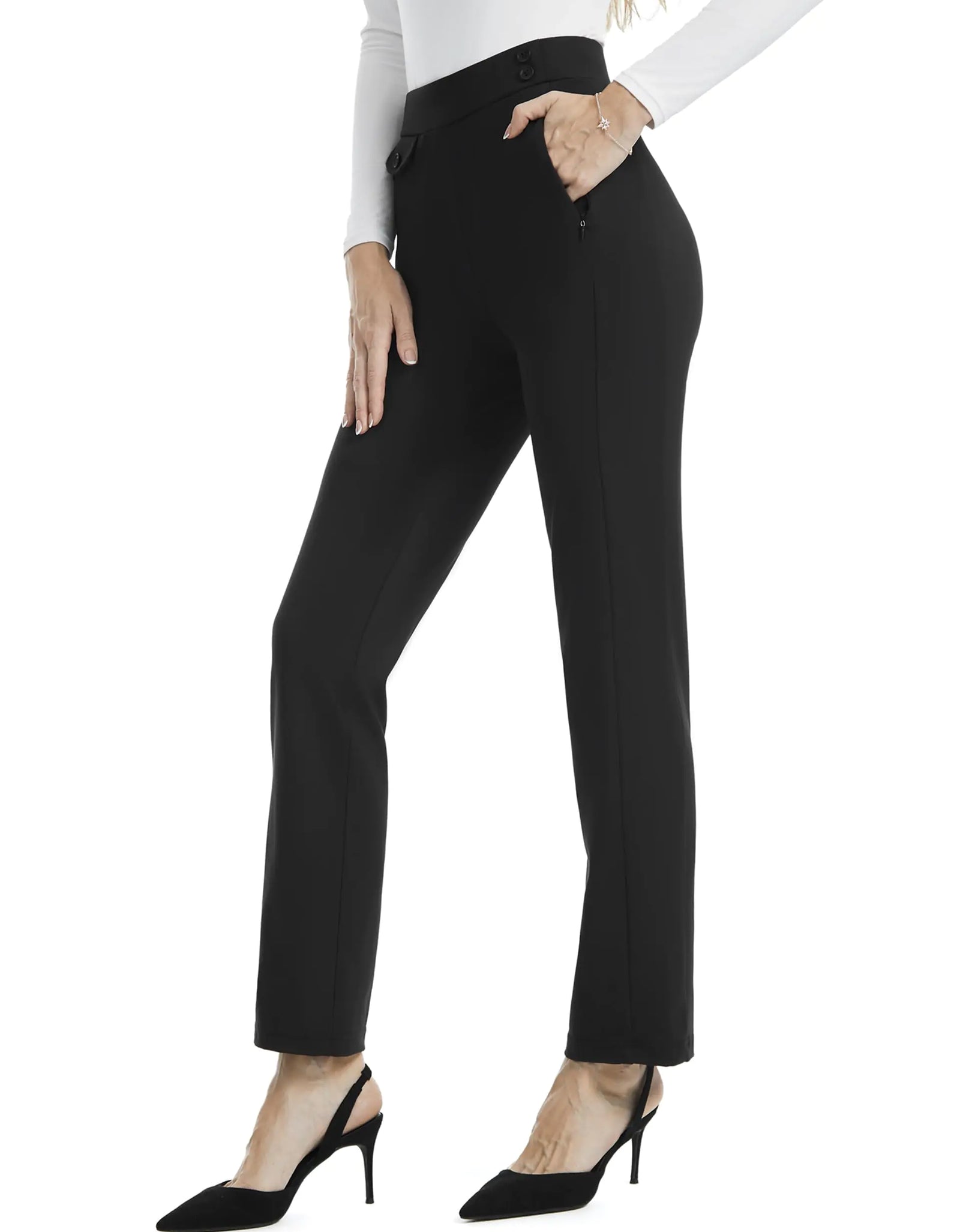 AFITNE Womens Yoga Dress Pants High Waisted Pull On Stretchy Straight Leg Slacks Office Business Casual Work Pants with Pockets 29" Black M