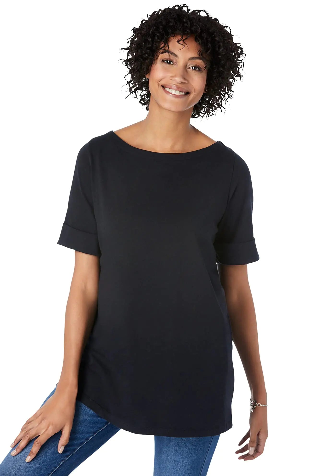 Camiseta de manga tres cuartos con cuello barco y puños perfectos, talla grande, para mujer de Woman Within - M Negro