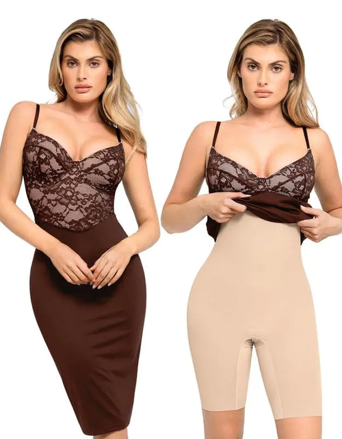 Load image into Gallery viewer, Popilush Lace Midi Dress Shapewear Dresses for Women V-Neck Slip Adjustable Straps Bodycon Slip with Underwire Brown
