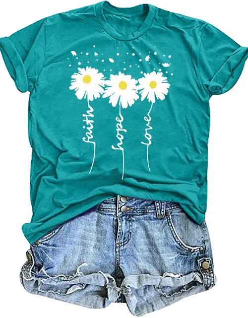 Charger l'image dans la visionneuse de galerie, T-shirts graphiques pour femmes : T-shirts chrétiens imprimé marguerite à manches courtes pour femmes T-shirts Foi Espoir Amour
