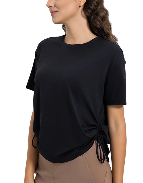 Load image into Gallery viewer, altiland Drawstring Side Ruched Workout T Shirt for Woman Quick Dry Athletic Tee Yoga Exercise Running Tops Loose Fit (Black S)
