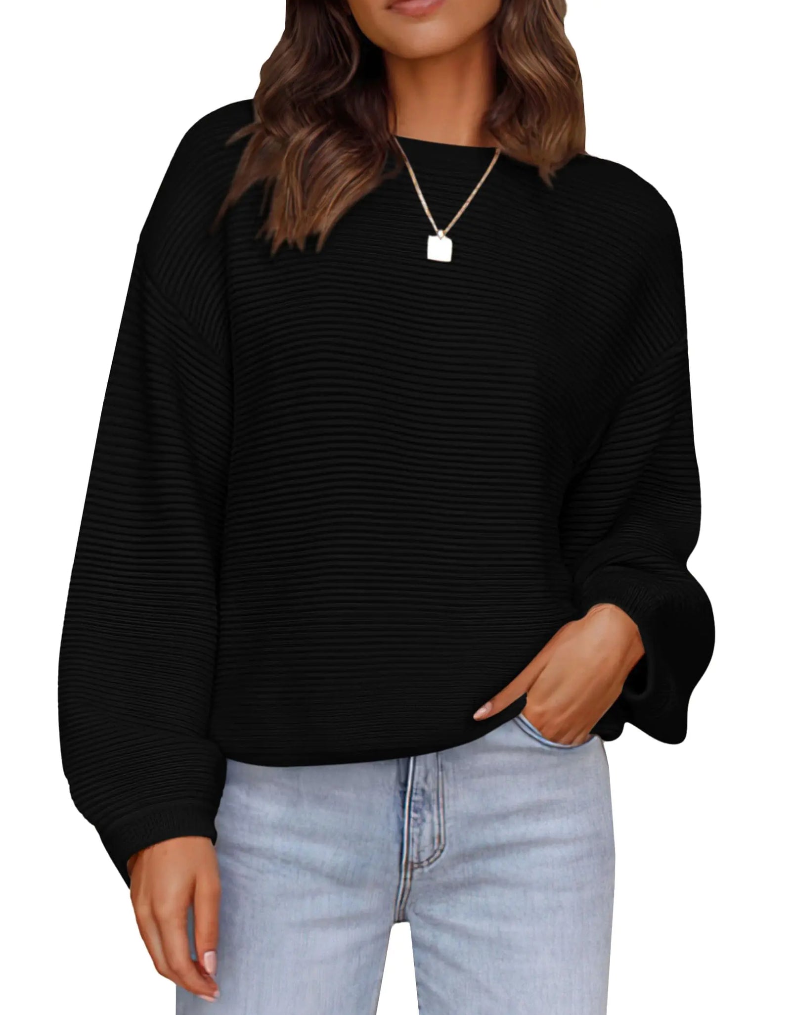 PRETTYGARDEN Pulls d'automne pour femmes 2024 Décontracté ample Col rond côtelé Manches longues Haut en tricot Pull (NoirPetit)