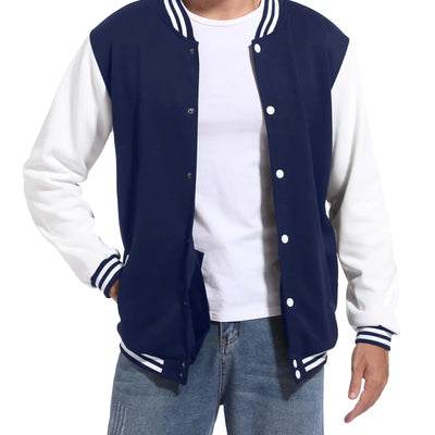 Mens Bomber Jacket Varsity Baseball Jackets Windbreaker Lightweight Slim Fit Button Down Letterman Jacket Blue