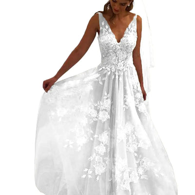 Tsbridal Women Wedding Dresses A-line V-Neck Tulle Lace Backless Boho Wedding Gown Bridal Dresses White US 12