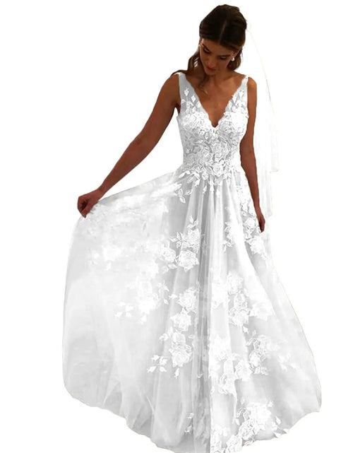 Load image into Gallery viewer, Tsbridal Women Wedding Dresses A-line V-Neck Tulle Lace Backless Boho Wedding Gown Bridal Dresses White US 12
