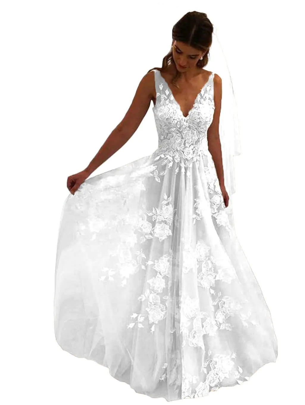 Tsbridal Women Wedding Dresses A-line V-Neck Tulle Lace Backless Boho Wedding Gown Bridal Dresses White US 12